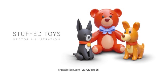 Juguetes rellenos en 3D. Gato negro, oso de peluche, perro lindo. Niños pequeños juguetean amigos, mascotas. Imagen de color sobre fondo blanco con sombras. Composición de vectores para el diseño web