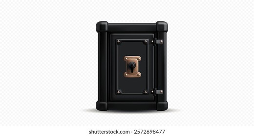 3d sturdy safe stands with a striking black finish and brass lock, emphasizing security and classic craftsmanship against a plain white backdrop.