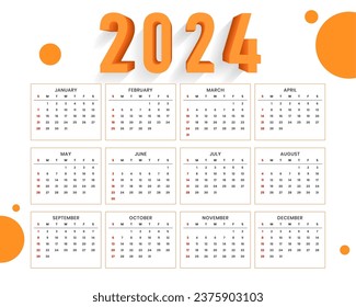 3d style 2024 annual calendar template organize events or holiday vector
