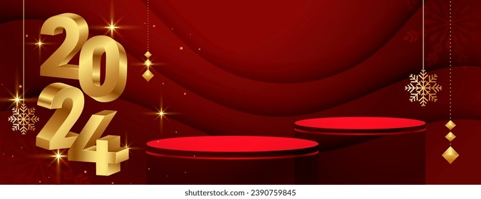 3d style 2024 golden new year banner with empty podium platform vector