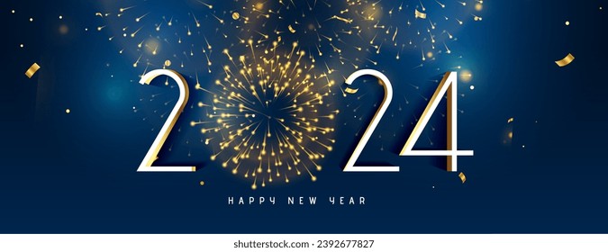 Banner de celebración de Año Nuevo estilo 3d 2024 con decoración de fuegos artificiales vectores