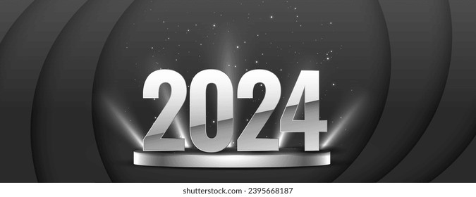 Text im 3D-Stil 2024 auf Podium-Plattform-Banner mit hellem Effekt, Vektorgrafik