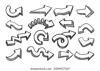 Flechas de estilo 3D con aspecto dibujado a mano, diversas Formas y direcciones sobre fondo blanco. Vector ilustración de dibujos animados