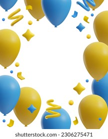 3d style balloons frame with empty space for text, vector illustration on white background. Celebration of birthday or college graduation. Colorful balloons and confetti. Greeting card template.