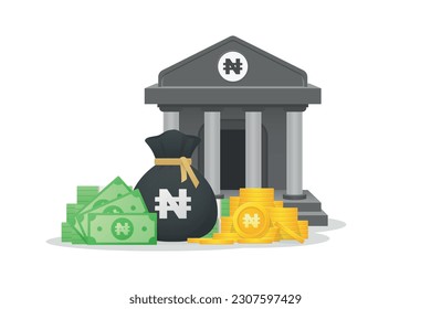 3D Style Bank building, coins, paper currency and bundles of money bag with Nigerian Naira sign. Minimal Bank deposit, Financial investment and currency concept.