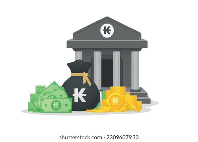 3D Style Bank building, coins, paper currency and bundles of money bag with Laotian Kip sign. LAK Minimal Bank deposit, Financial investment and currency concept.