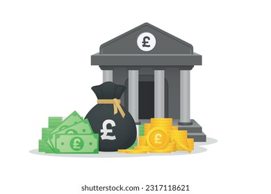 Edificio 3D Style Bank, monedas de oro, moneda de papel y bolsas de dinero con el signo de libras esterlinas del Reino Unido. Símbolo británico del dinero, inversión financiera y concepto de moneda.