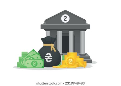 3D Style Bank building, gold coins, paper currency and bundles of money bag with Ukrainian hryvnia sign. Ukrainian money symbol, Financial investment and currency concept.
