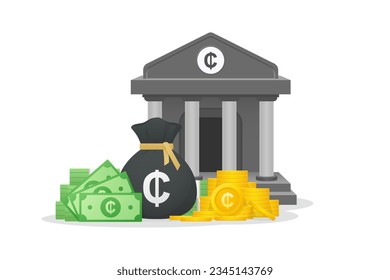 3D Style Bank building, gold coins, paper currency and bundles of money bag with Ghanaian Cedi sign. Ghana currency symbol, Financial investment and currency concept.