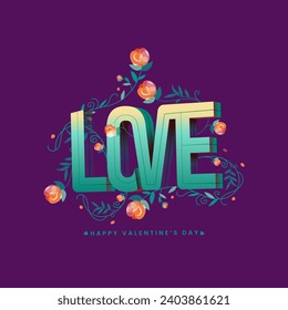 Estilo 3D Estilo azul y gradiente amarillo Amor Decoración de fuentes con rosas y hojas sobre fondo violeta para feliz diseño de tarjetas de felicitación del Día de San Valentín.