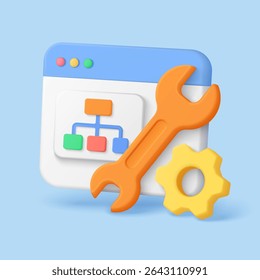 3d style browser window with sitemap diagram wrench and gear symbolizing technical seo optimization and website structure on isolated blue background vector illustration