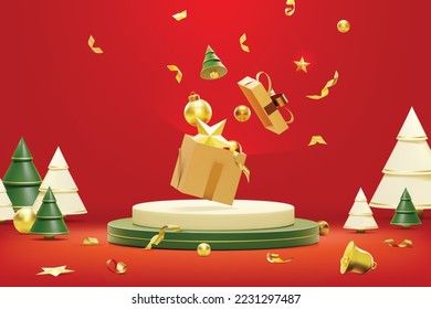 3D Style Christmas and happy new year podium background. Realistic gift box, bell, glden star and christmas tree.