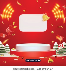 3D Style Christmas and happy new year podium background. Realistic gift box, bell, glden star and christmas tree.