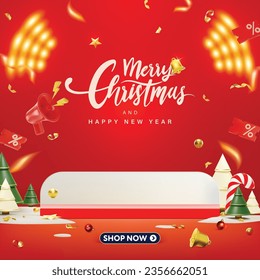 3D Style Christmas and happy new year podium background. Realistic gift box, bell, glden star and christmas tree.