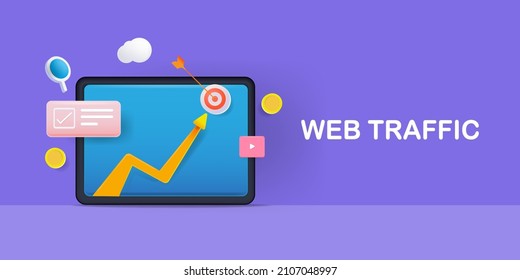 3D style concept of web traffic, website analysis, search data analytics, digital marketing growth - vector illustration with icon