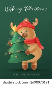 3D estilo rena bonito abraçando árvore de Natal em fundo verde. Ilustração do vetor do cartão de saudação Feliz Natal
