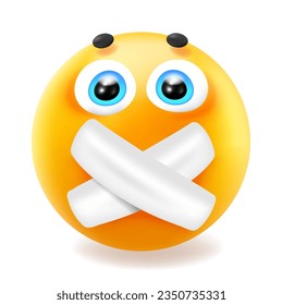 3d style design of funny emoji with mouth with cross patch for social media. Vector illustration of sad fun yellow color smile emoticon with close mouth on white background