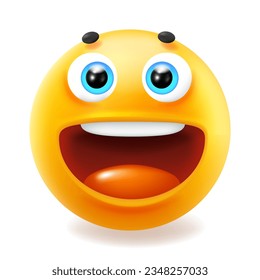 3d style design of funny laugh emoji for social media. Vector illustration of happy fun yellow color smile emoticon with open mouth and tongue on white background