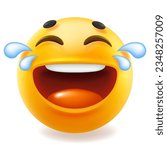 3d style design of funny loud laugh to tears emoji for social media. Vector illustration of yellow color happy fun emoticon with open mouth, tongue and tear on white background
