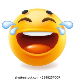 3d style design of funny loud laugh to tears emoji for social media. Vector illustration of yellow color happy fun emoticon with open mouth, tongue and tear on white background