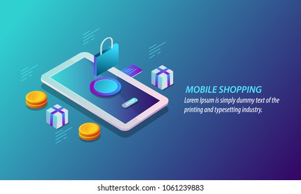 3D style design - Mobile shopping, e-commerce, e payment flat isometric vector illustration with icons