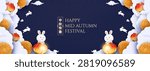 3D style festive background featuring cute rabbits and glowing lanterns among clouds for Mid Autumn Festival celebrations and greetings.