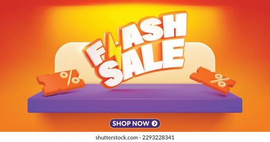 Flash Sale-Text im 3D-Stil und rotes Podium-Banner-Design für Web- oder Social Media.