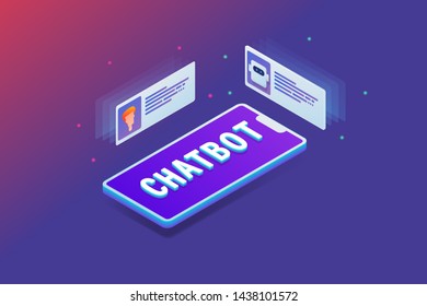 3D style graphic Mobile chat bot, Conversation between chat bot and human, Chat bot written in 3D text on mobile screen - vector banner