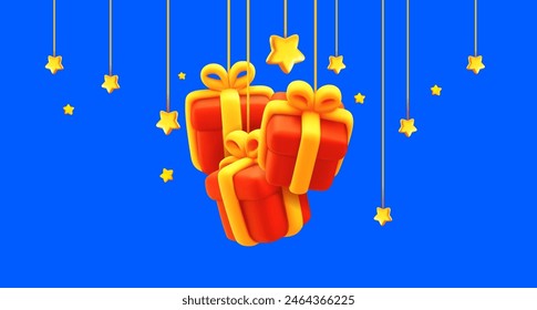 3d style holiday template design of present box on blue background. Vector illustration of cartoon red color gift box with golden ribbon hanging by thread and star. Festive gift surprise for web, site