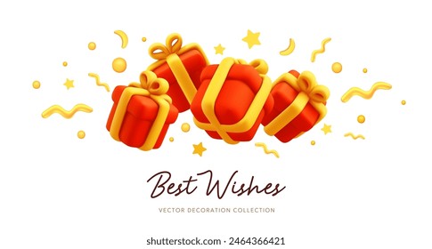3d style holiday template design of pile of present box on white color background. Vector illustration of realistic red gift box with golden ribbon and text best wishes. Festive gift surprise for web