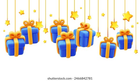 Diseño de Plantilla de vacaciones de estilo 3d de caja de regalo de color azul sobre fondo blanco. Ilustración vectorial de caja de regalo de dibujos animados con cinta de oro y estrella colgando de hilo. Sorpresa de regalo festiva para tarjeta