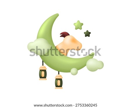 3D style illustration concept of Eid al-Adha. Crescent moon symbol with goat head, lantern, stars and clouds. Green color. Icon, element, symbol, sign, 3D vector illustration. White background