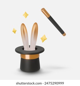 3d style illustration of a Cylinder magic hat with golden ribbon, white rabbit's ears, fairytale wand and yellow stars around. Magic show concept. Vector art isolated on white background