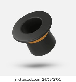 3d style illustration of a Cylinder magic hat with golden ribbon and with hole. Vintage man fashion and magic show concept. Vector art isolated on white background