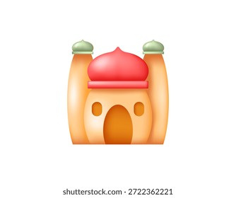 Ilustración de estilo 3D de una mezquita naranja con cúpulas rojas y verdes brillantes. Un edificio de mezquita elegante y minimalista. Símbolos, íconos y Elementos de diseño de Eid al-Adha, Ramadán y Eid al-Adha. El fondo blanco.