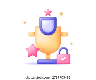 3D style illustration of a trophy, shield, star, and padlock. Best protection concept. Premium antivirus. Best network and data security award. Decorative element, symbol, 3D vector. White background.