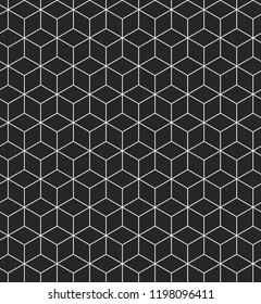 3d Style Isometric Cube Seamless Pattern With White Outline And Black Background. Minimal Geometric Background Ilustration.