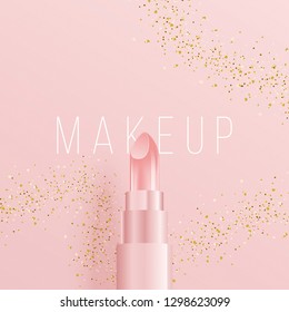 3D style lipstick on square cover. Vector Illustration. minimal design with golden glitters and calligraphy. ideal for ad, promotion. social media, web, banner, poster, sale, discount.