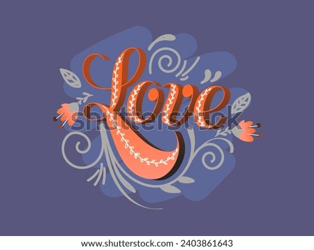 3D Style Love Font Decor with Hibiscus Flower and Leaves on Plain Violet Background.
