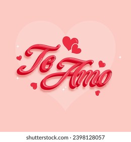 3D Style I Love You (Te Amo) Red Font in Spanish Language with Hearts on Peach Pink Background. Happy Valentine's Day Greeting Card.