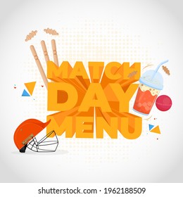 3D Style Match Day Menu Text mit Helm, Wicket Stumps und Trink Disposable Cup auf weißem Halfton-Effekt Hintergrund.