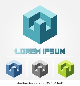 3d style modern geometric logotype with blue, green colors and grayscale. Vector illustration of an isometric cube like logo.