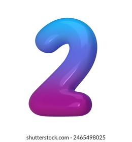 3D Style Number 2. Rendered Digit Two Illustration in Gradient Blue and Violet. Glossy Inflatable Numbers. Vector illustration