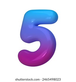 3D Style Number 5. Rendered Digit Five Illustration in Gradient Blue and Violet. Glossy Inflatable Numbers. Vector illustration