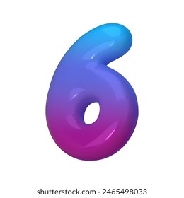 3D Style Number 6. Rendered Digit Six Illustration in Gradient Blue and Violet. Glossy Inflatable Numbers. Vector illustration