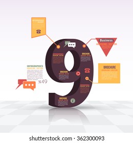 3d Style Number 9, Flat Infographics Design and Web Elements. Business, Marketing Concept Vector Template