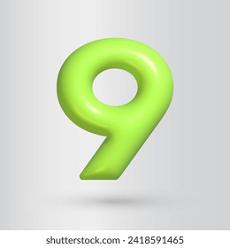 3d style number 9. Nine icon. Realistic green color render