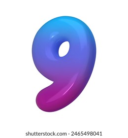 3D Style Number 9. Rendered Digit Nine Illustration in Gradient Blue and Violet. Glossy Inflatable Numbers. Vector illustration