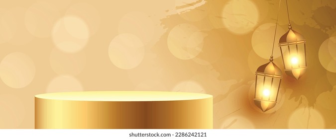 3d style product display golden poster with lamp and bokeh effect vector