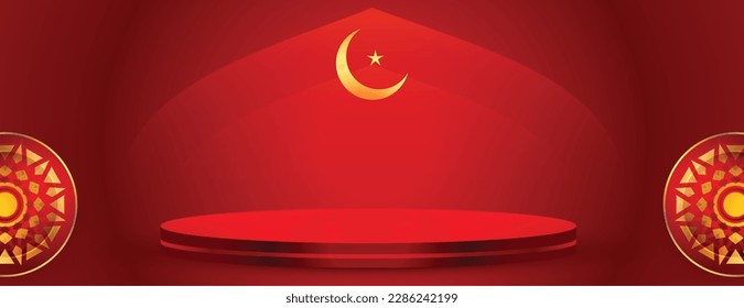 Banner rojo de la plataforma de visualización de productos de estilo 3d con vector de arte islámico